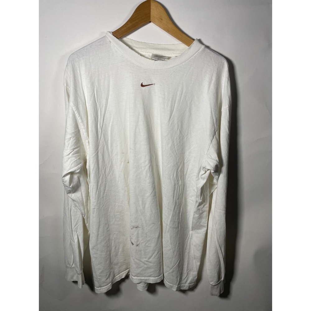 Vintage Nike Long Sleeve T Shirt Mens L White‎ Burgundy Swoosh Logo FLAWS